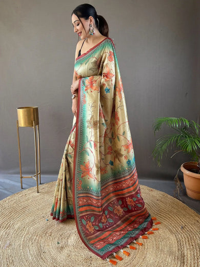 Charming Beige Kalamkari Printed Silk Festival Wear Saree With Blouse